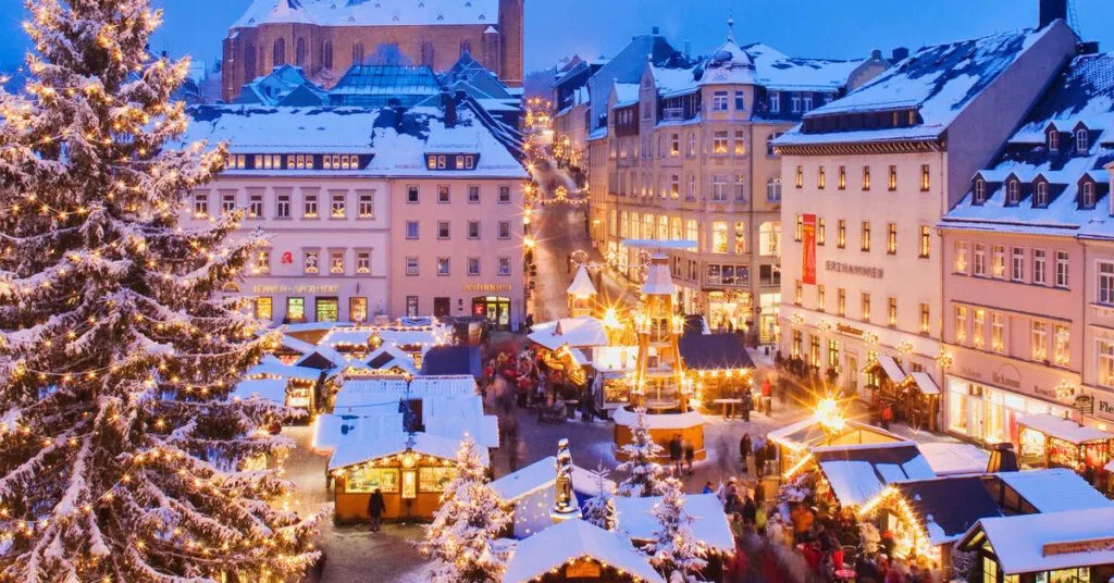 Festive food stalls at a Christmas market in Germany.