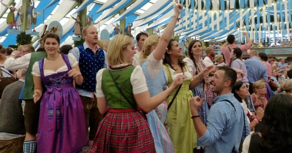 Bavarian sausages, pretzels, and beer served at Oktoberfest in Munich, Germany.