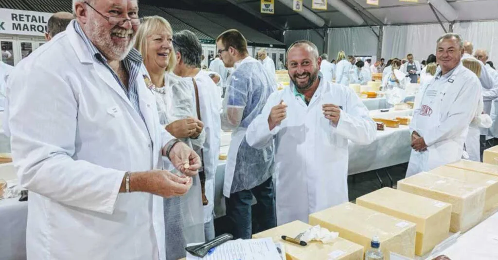 Cheese varieties displayed at the Nantwich Cheese Show in the UK.