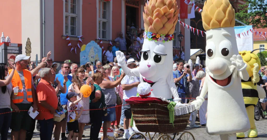 Parade and festivities celebrating white asparagus at Spargelfest in Germany.