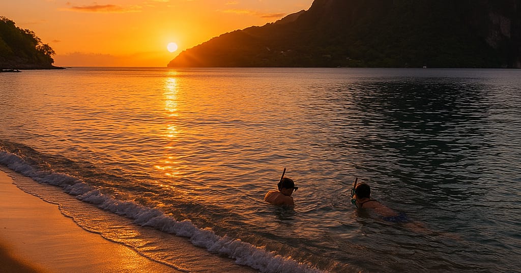Sunset over Anse Chastanet Beach with snorkelers and calm waves