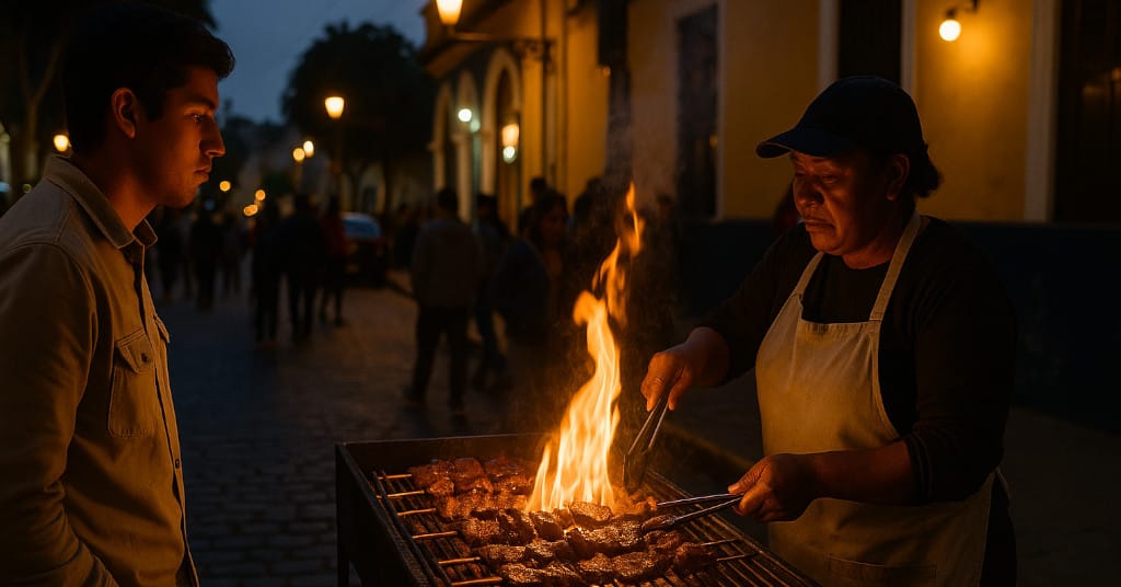 Evening street shot of anticucho skewers being grilled over open flame in Lima’s Barranco district