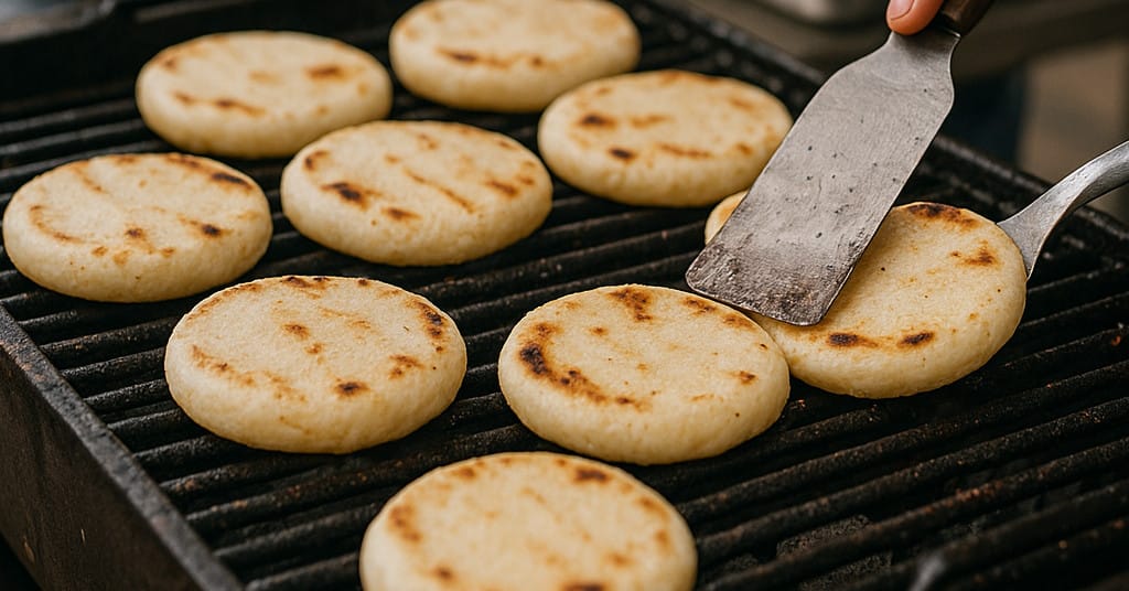 Authentic close-up of arepas sizzling on a grill at a Bogotá street stand, with hands flipping them