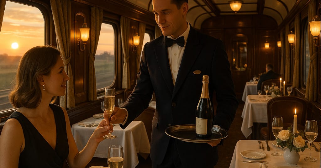 Elegant train steward serving champagne in Art Deco dining car, sun setting in background