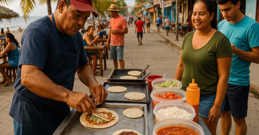 Lively beachside street food scene showing a vendor preparing baleadas with toppings in La Ceiba