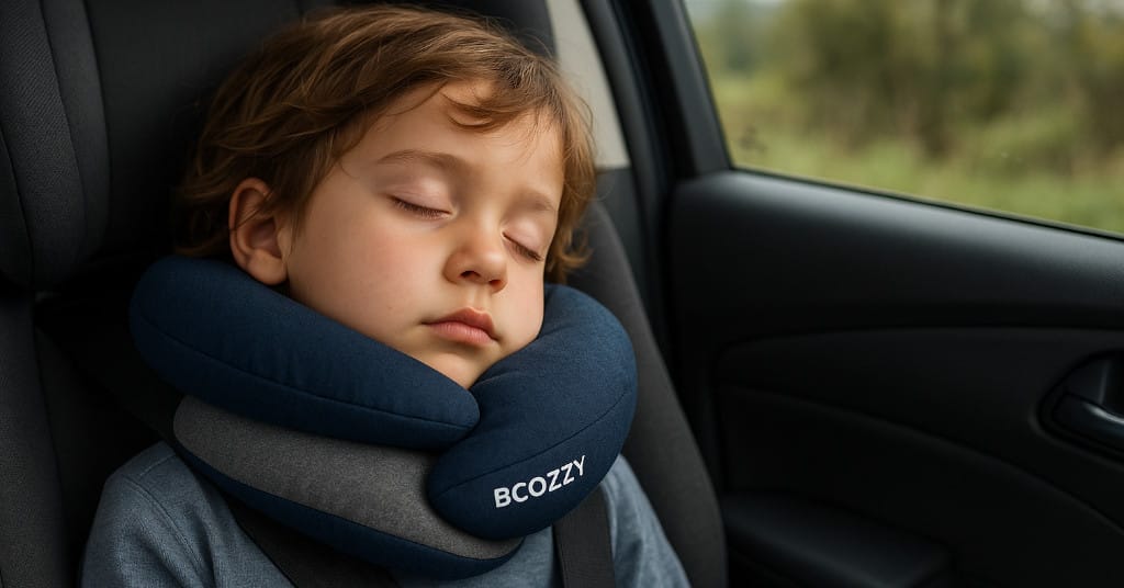 Child asleep in car seat using BCOZZY pillow with chin support