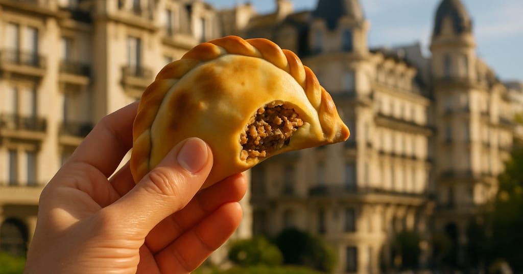 Warm daylight photo of a hand holding a beef empanada with Recoleta architecture in soft background