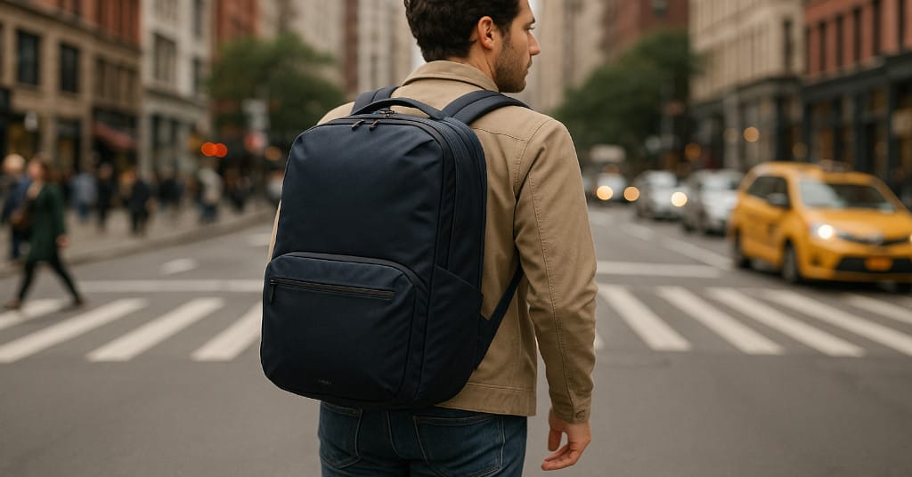 City street fashion shot of person commuting with Bellroy Transit Backpack Plus