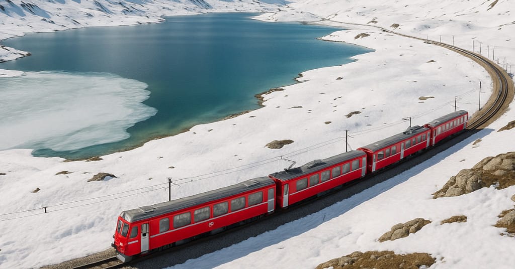 Overhead daytime capture of Bernina Express winding through snowy mountain passes and glacial lakes