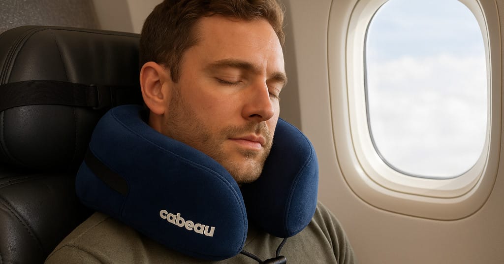 Close-up of traveler using the Cabeau Evolution S3 pillow with seat straps in an airplane