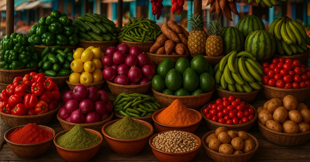 Vibrant produce and spice stall at a local Caribbean market