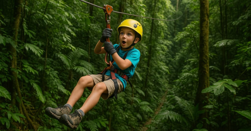 Lush Thai jungle zipline moment with wide-eyed child gliding midair