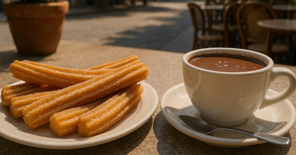 Sunny café-style image of churros dusted with sugar next to a cup of thick hot chocolate in Mexico City