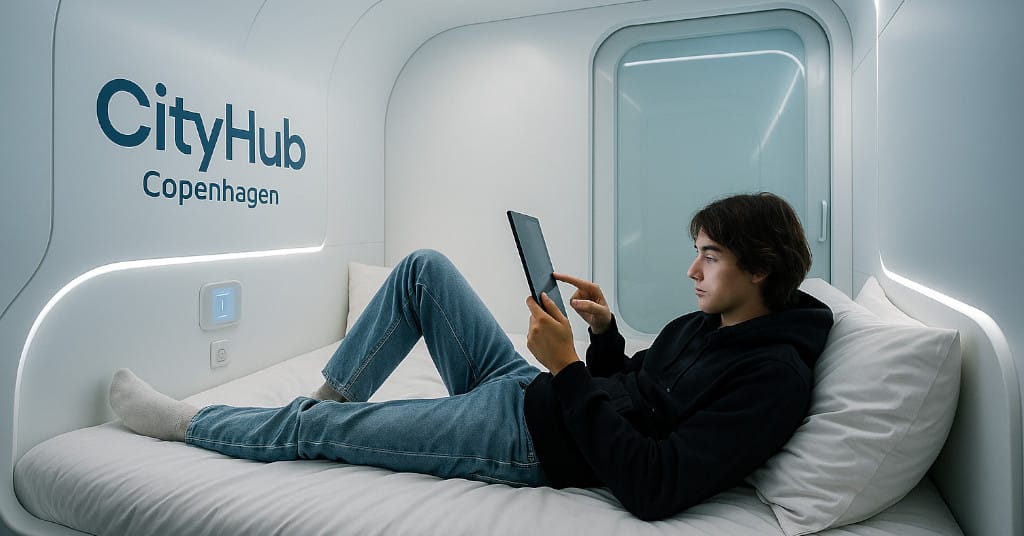 Futuristic feel image of teen lounging in a CityHub Copenhagen pod with tablet in han