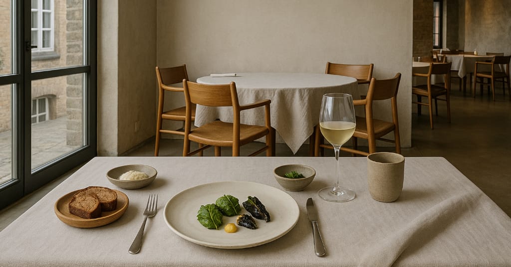 Minimalist fine dining table at Noma with local ingredients in Copenhagen