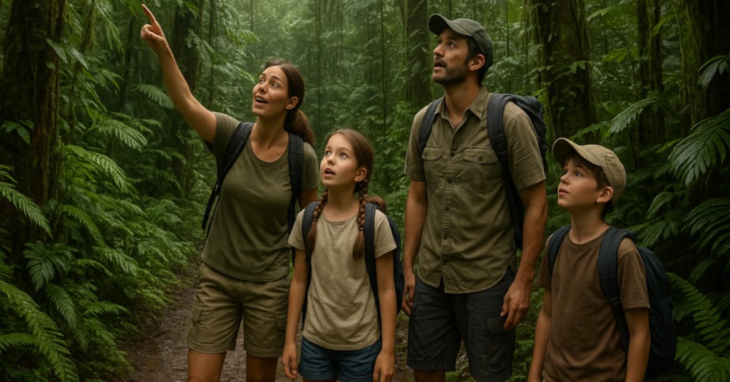 Lush rainforest trek with family observing wildlife