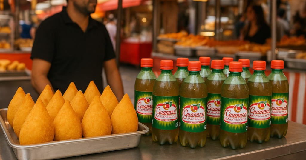 Bright food stall scene showing golden coxinhas in a tray next to Guaraná soda bottles in São Paulo