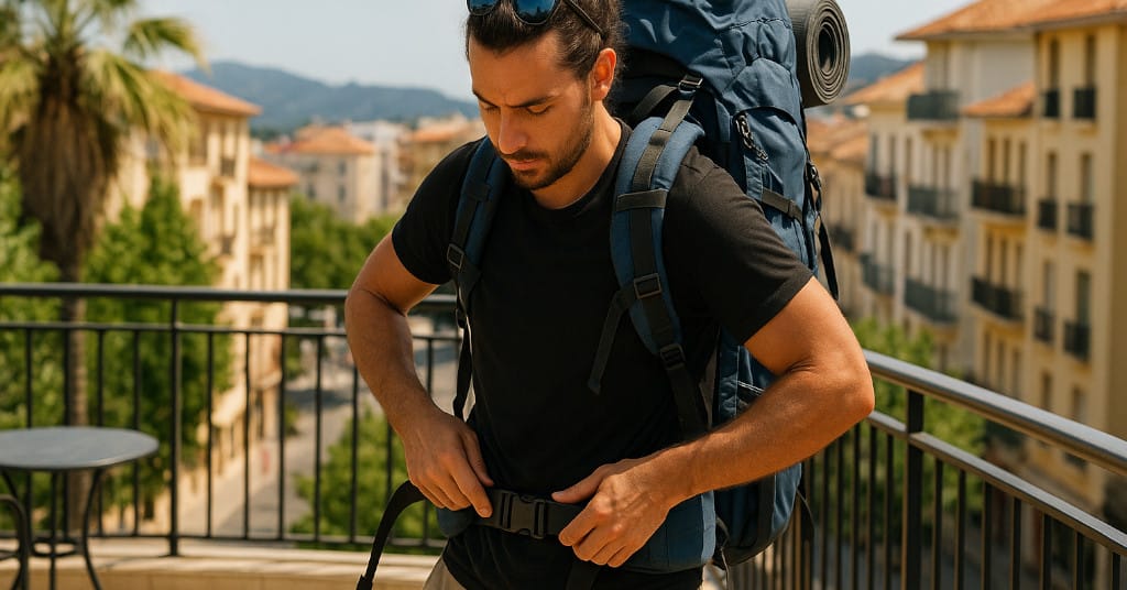 Nomad adjusting hip belt and shoulder straps of a packed backpack on a balcony