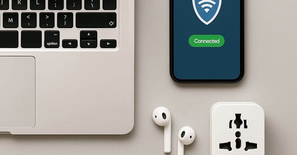 Flat lay of minimalist nomad gear: laptop, VPN-ready phone, earbuds, universal plug