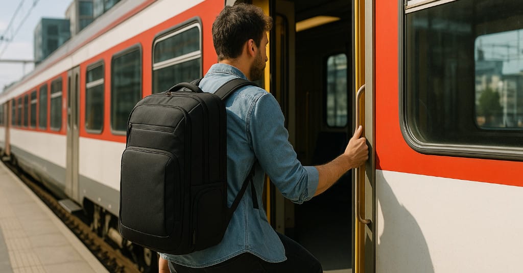 Urban lifestyle shot of digital nomad boarding a train with tech backpack