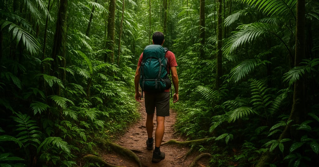 Backpacker exploring a jungle trail in Dominica surrounded by lush greenery