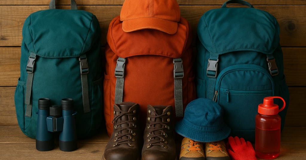 Close-up of packed family daypacks, hiking boots, and kids’ gear