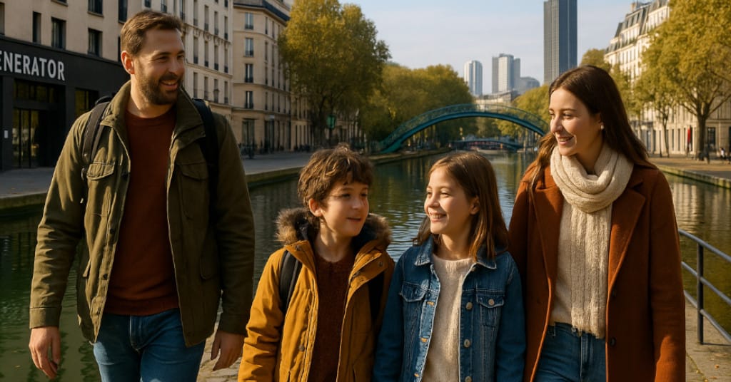 Urban family shot walking by Canal Saint-Martin near Generator Paris with skyline in background