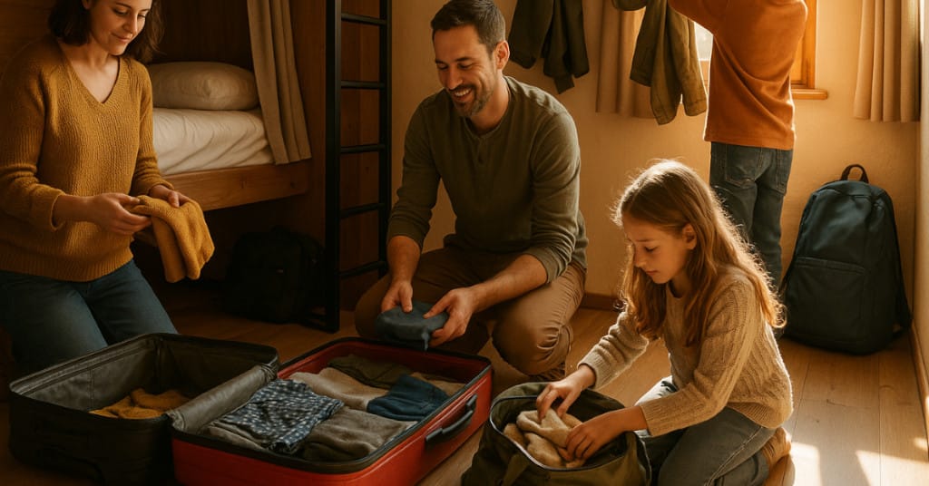 Warm interior shot of a family unpacking in a cozy bunk-style hostel room with sunlight filtering in