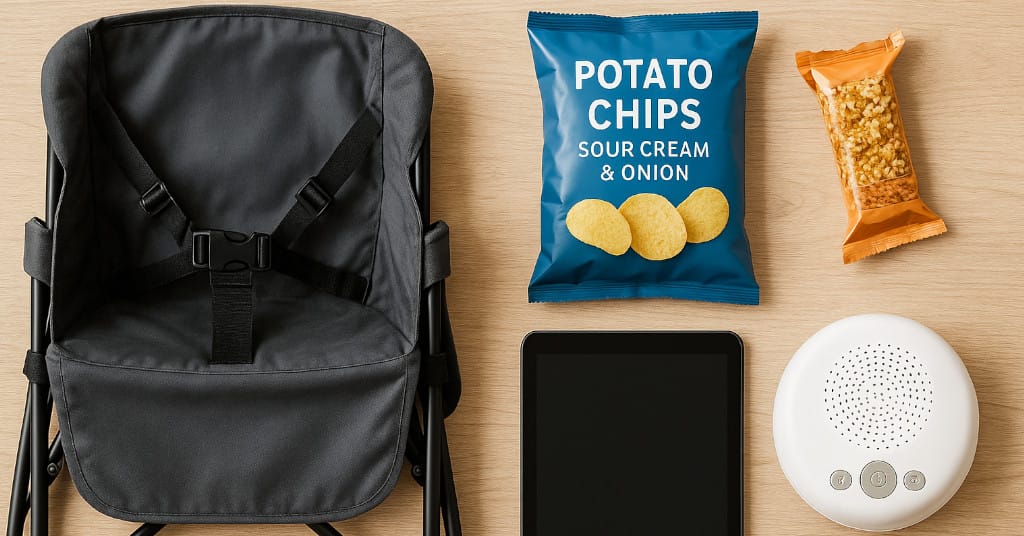 Flat lay of hostel essentials: collapsible high chair, snacks, tablet, white noise machine