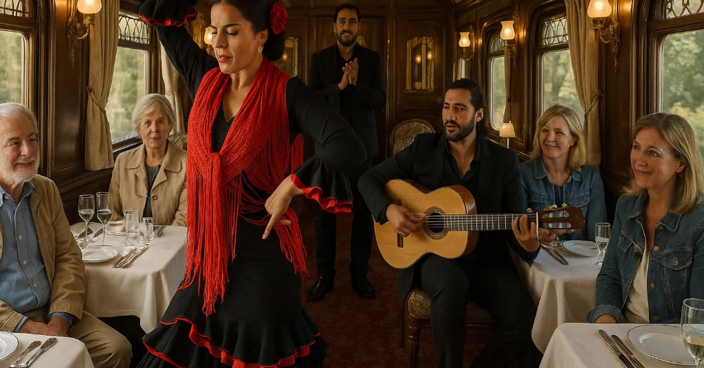 Cultural moment: Flamenco performance inside Train Al Andalus with ornate Belle Époque decor visible