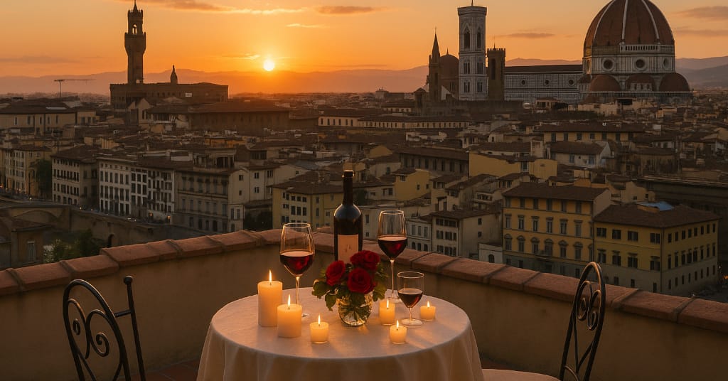Romantic rooftop dinner scene with wine and Tuscan skyline in Florence