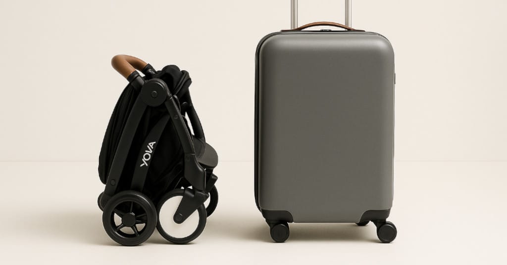 Folded Babyzen YOYO4 next to an airplane carry-on bag