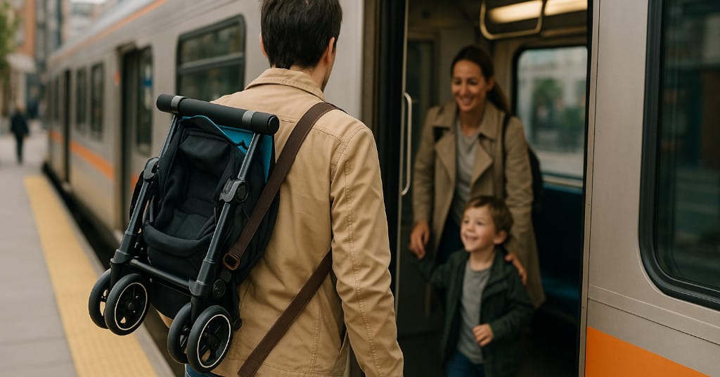 Compact city lifestyle photo with the Gb Pockit+ slung over shoulder by a parent boarding a train