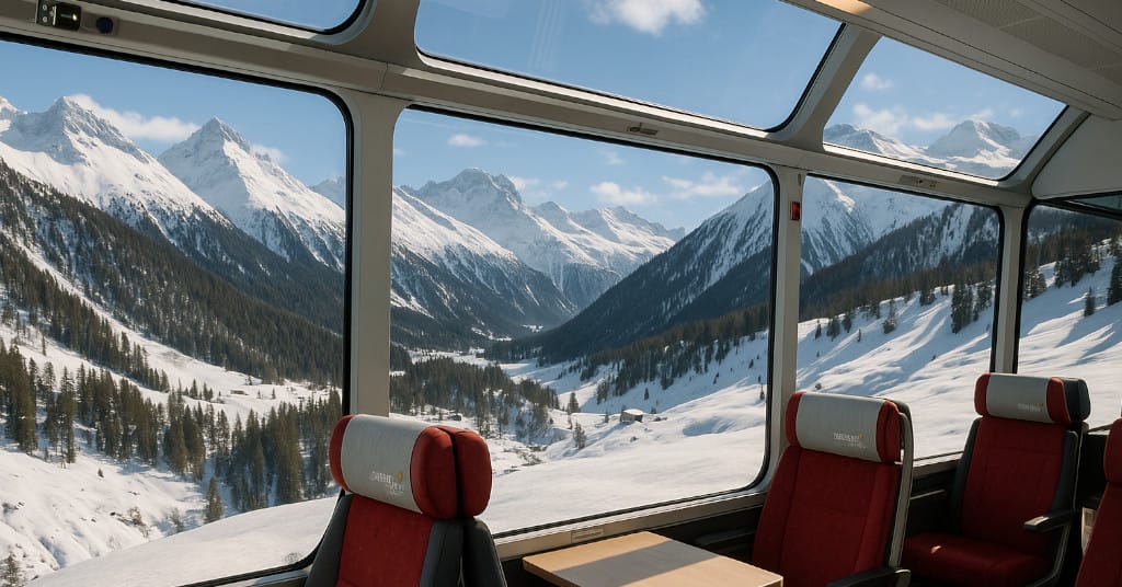 Panoramic scenic view from inside Glacier Express with snow-covered Swiss Alps outside large windows