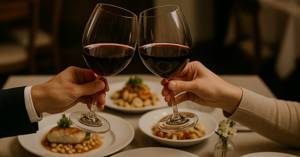Close-up of hands toasting wine glasses over a refined multi-course meal
