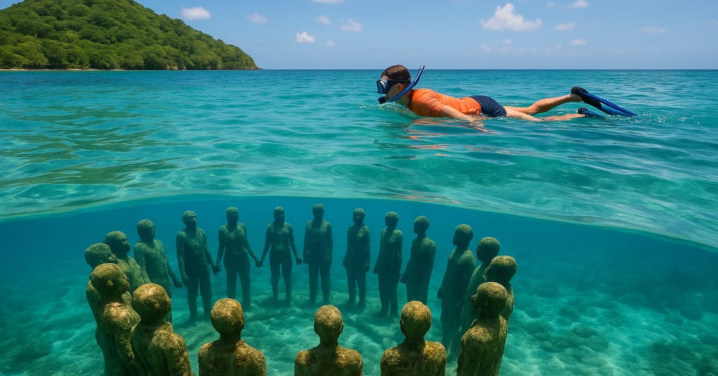 Traveler snorkeling near Grenada’s Underwater Sculpture Park in clear shallow waters