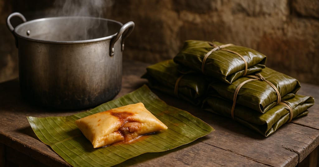 Rustic photo of Guatemalan tamales wrapped in banana leaves, unwrapped beside a steaming pot
