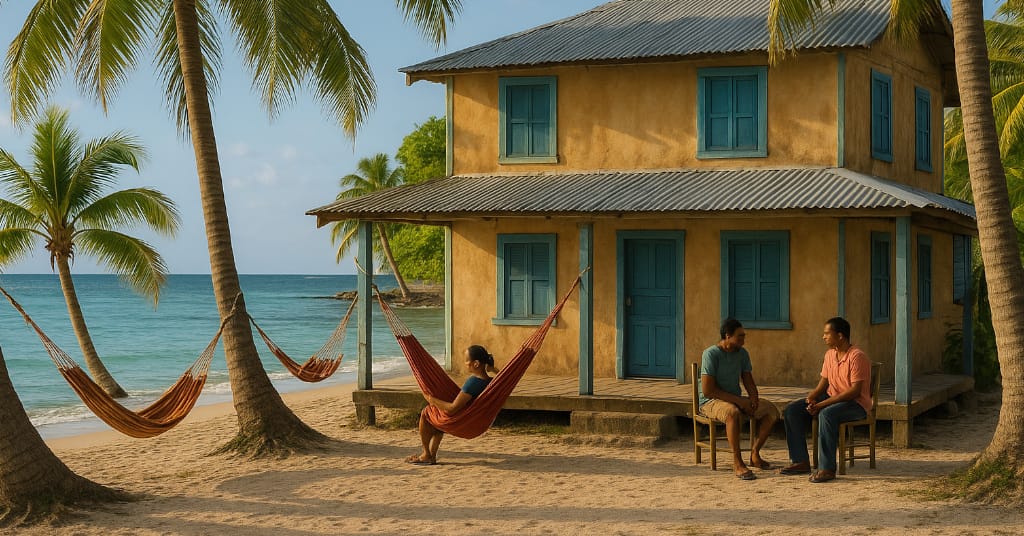 Beachfront view of a modest guesthouse with hammocks and locals in Bay Islands, Honduras