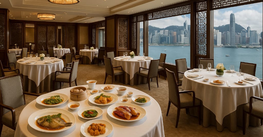 Opulent dining room at Lung King Heen with Cantonese dishes in Hong Kong