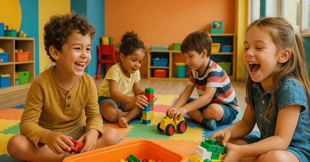 Playful candid of young kids playing with toys in a colorful hostel playroom