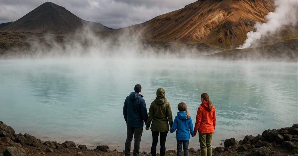 Dramatic geothermal landscape with family near hot spring lagoon