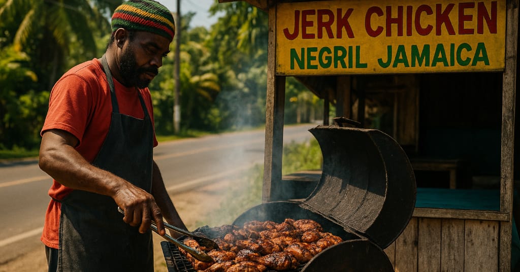 Local vendor grilling jerk chicken at a roadside stand in Negril, Jamaica