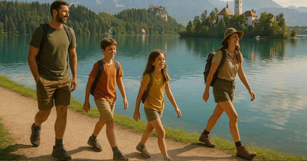 Charming Alpine lake scene with family hiking around Lake Bled