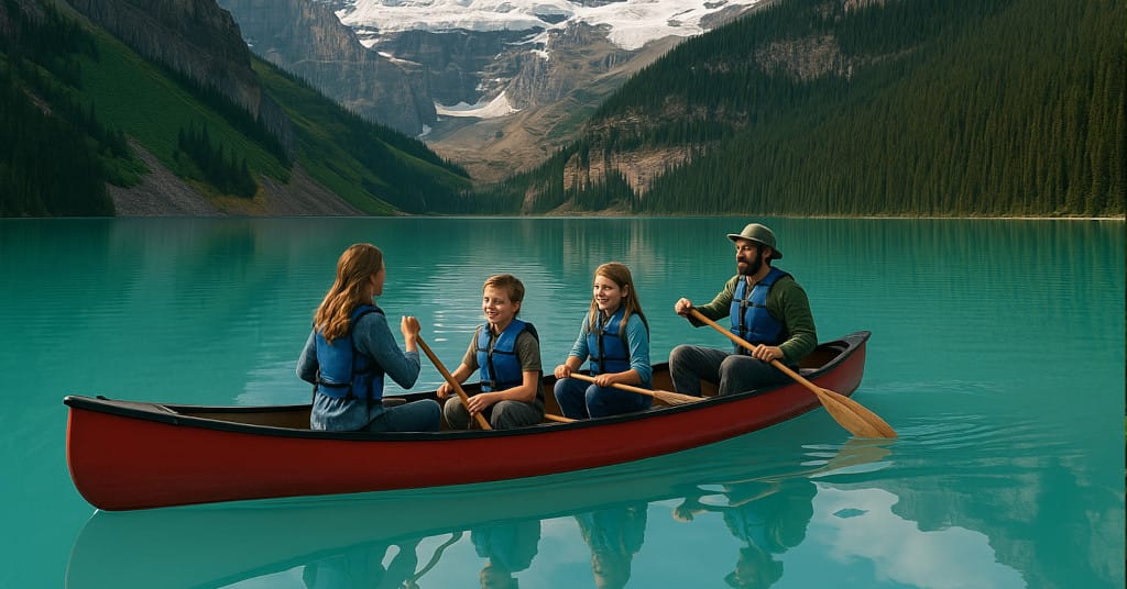 Serene mountain lake view with family canoeing on turquoise waters