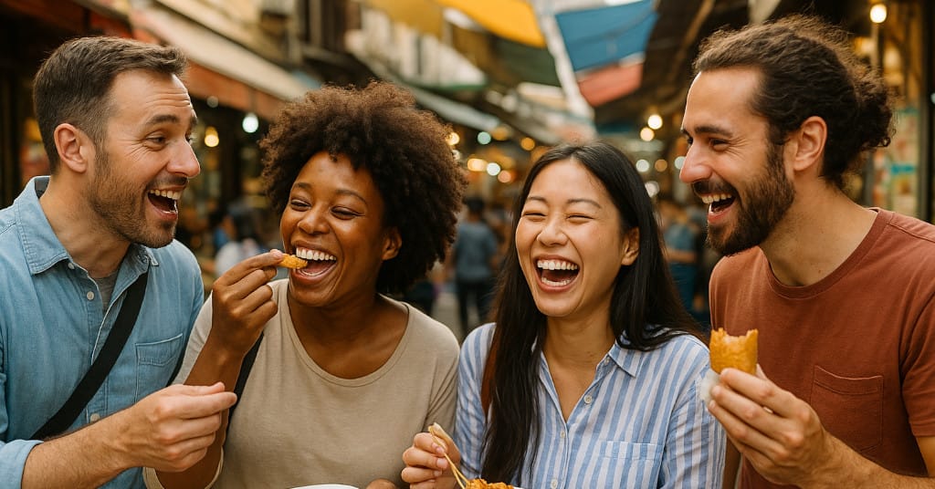 Dynamic photo of a small group on a guided street food tour laughing and eating in a market setting