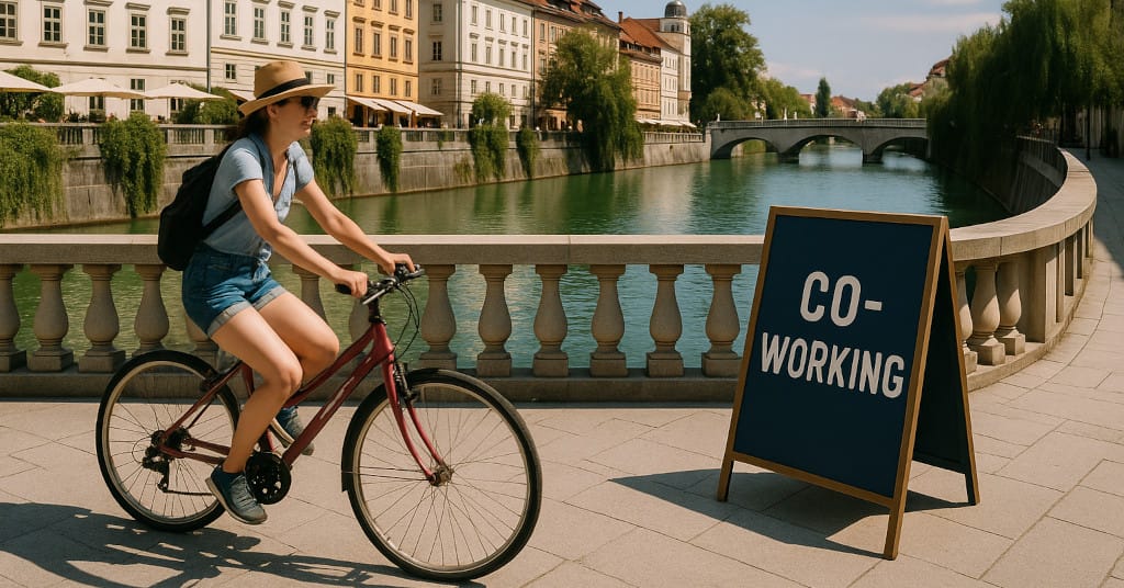 Breezy riverside view of Ljubljana with cyclist passing co-working sign