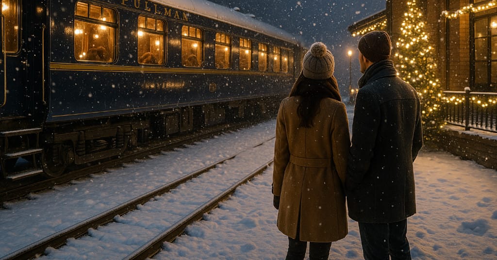 Romantic winter-themed shot of luxury train under snowfall with passengers admiring Christmas lights at a station