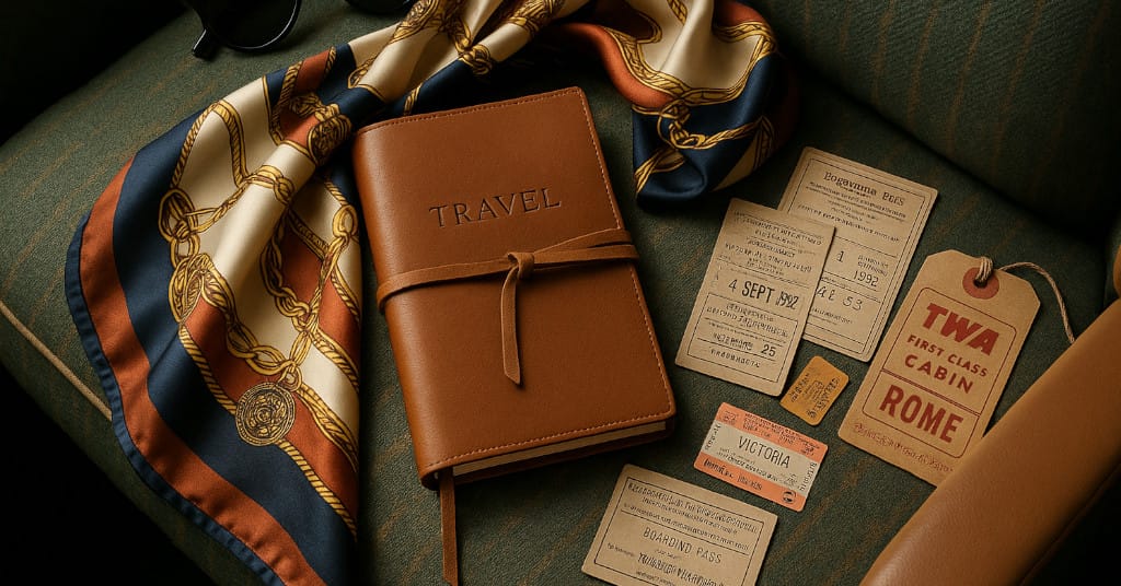 Flat lay of luxury travel essentials including journal, silk scarf, and vintage tickets on train seat