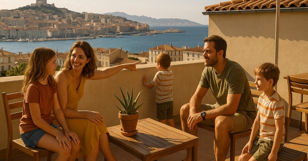 Sunny rooftop family moment with Marseille coastline view at The People Hostel