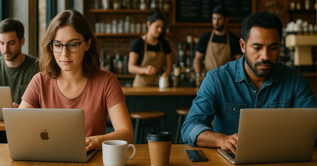 Café scene in Medellín with remote workers on laptops and baristas in background
